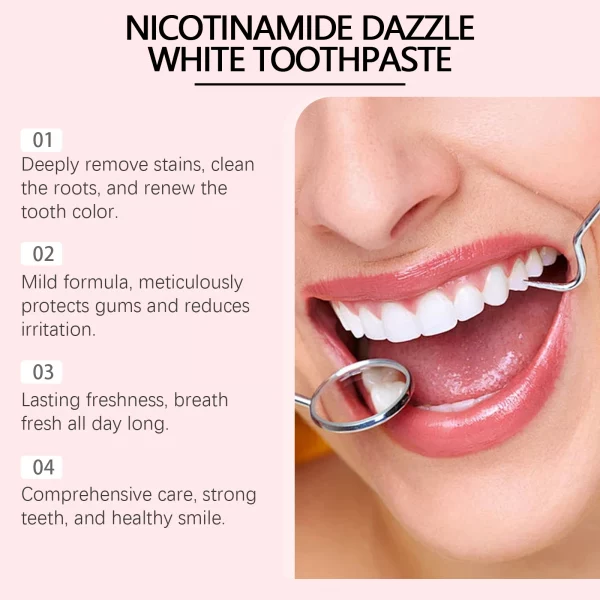 Dentifrice blanchissant à la niacinamide, élimine les taches dentaires, prévient la mauvaise haleine, nettoie la bouche, rafraîchit et réduit la plaque dentaire.