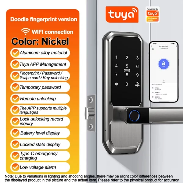 A399618b1283c40d29c63a35d05591ba6Q.webp Smart Fingerprint Lock,Password Key Card,Tuya APP Control Aluminum Alloy Electronic Lock Black/Nickel/Grey Smart Lock