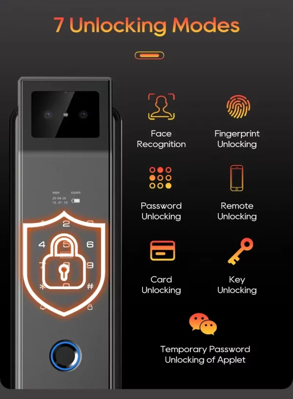 A6a64dc3df209423b835e6d760c216a42a.webp Smart lock 3D face recognition fingerprint waterproof smart door wifi remote photo capture unlocking with App key NFC RFID Card