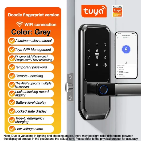 Adae56a65f2b449149dbcf39b57334212b.webp Smart Fingerprint Lock,Password Key Card,Tuya APP Control Aluminum Alloy Electronic Lock Black/Nickel/Grey Smart Lock