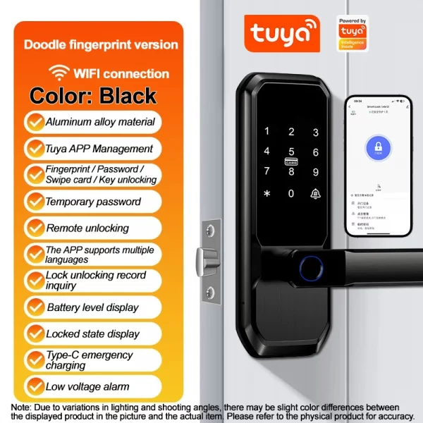 Adf0e6b58d0e748a7b5bc78705796666cV.webp Smart Fingerprint Lock,Password Key Card,Tuya APP Control Aluminum Alloy Electronic Lock Black/Nickel/Grey Smart Lock