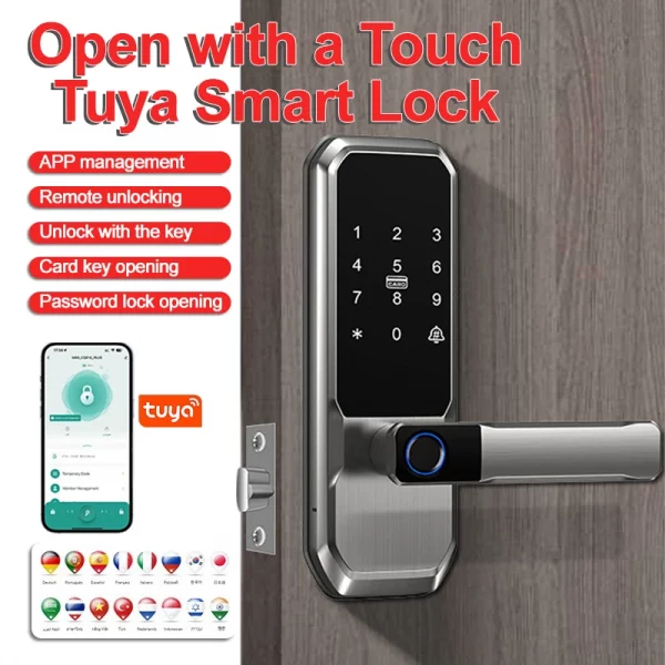 Af4087962d5e6474b9a7bd58157d10b09S.webp Smart Fingerprint Lock,Password Key Card,Tuya APP Control Aluminum Alloy Electronic Lock Black/Nickel/Grey Smart Lock