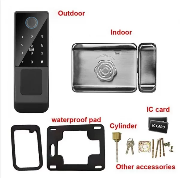 S05fe6e0ba5a84613a606f80324513e616.webp Waterproof Outdoor Door Smart Rim Lock Digital WiFi Remote Fingerprint Electric Electronic Smart Door Lock with Tuya TTLock App