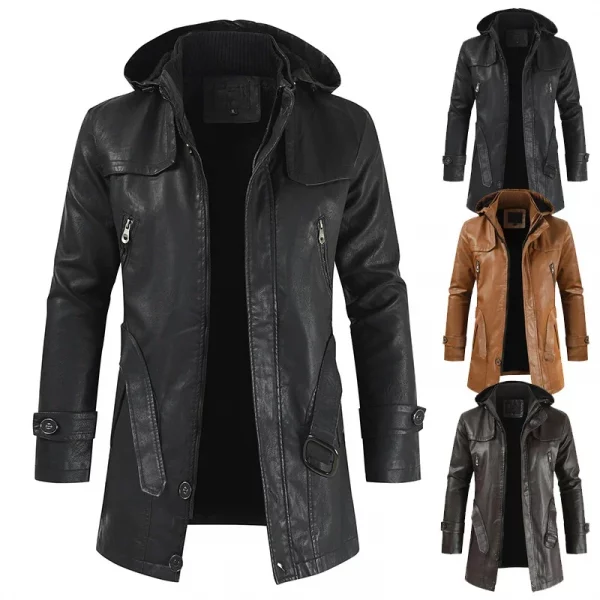 Coat Windproof Clothes Men's Hooded Long Leather coat Men's Leather Motorcycle Leather fashion Winter Korean Fashion Jacket