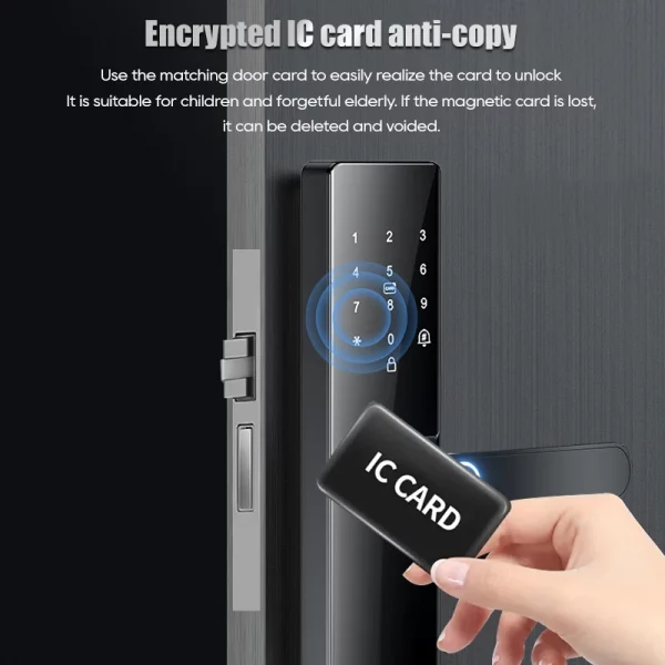 S342e4ea254124ec5a768138c2b4721eeB.webp Smart Electronic Door Lock Fingerprint Biometrics Application Control Smart Card Key Access and USB Emergency Charging Smartlock
