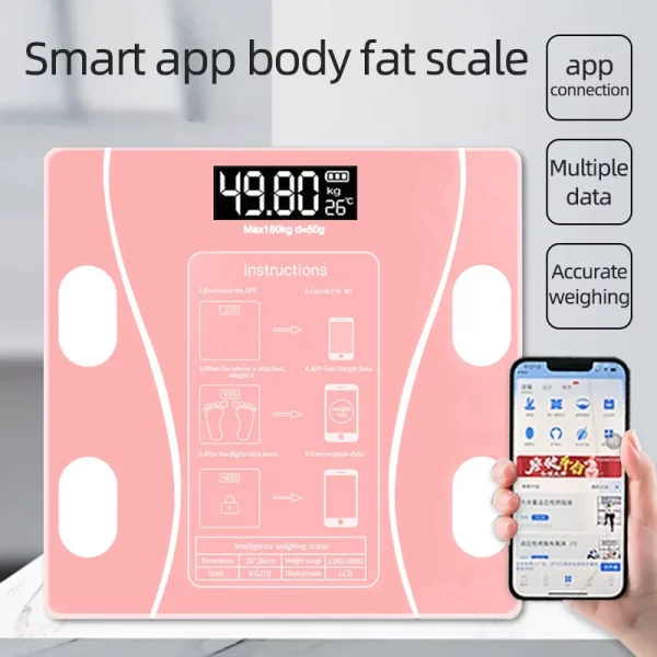 Intelligent, simple and practical Rechargeable mobile digital scale, connected to APP, displaying BMI, body fat and muscle mass
