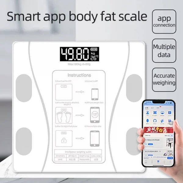 Intelligent, simple and practical Rechargeable mobile digital scale, connected to APP, displaying BMI, body fat and muscle mass