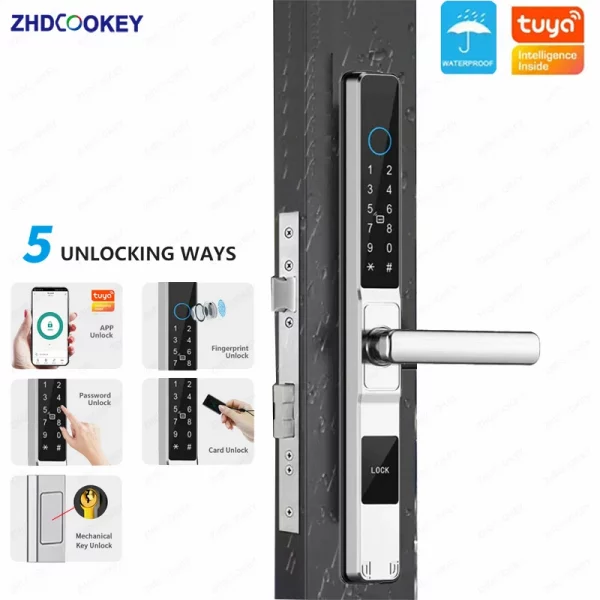 S55c01774c26d4263a48a0cbf86b137bfx.webp Smart Door Lock Waterproof Aluminum Electronic Sliding Door Lock Tuya Fingerprint Biometric Password NFC Card Remote APP Control