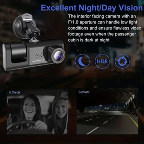 Dash Cam W/ IR Night Vision Loop Recording & 2" IPS Screen 1080P 3 Camera ， DVR recorder, video recorder, Vehicle DVR
