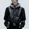 American Style Men's Padded Jackets PU Leather Faux Fur Fleece Thickened Solid Color Loose Male Hooded Warm Coats Tide