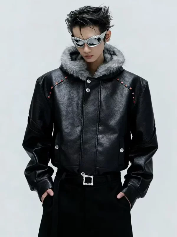 American Style Men's Padded Jackets PU Leather Faux Fur Fleece Thickened Solid Color Loose Male Hooded Warm Coats Tide