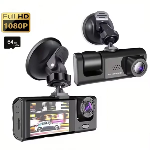 Dash Cam W/ IR Night Vision Loop Recording & 2" IPS Screen 1080P 3 Camera ， DVR recorder, video recorder, Vehicle DVR