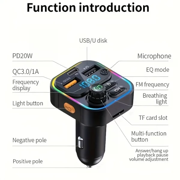 FM Transmitter Bluetooth 5.3 Handsfree Car AUX Radio Modulator MP3 Player with PD20W QC3.0 Fast Charge Adapter Car Accessories