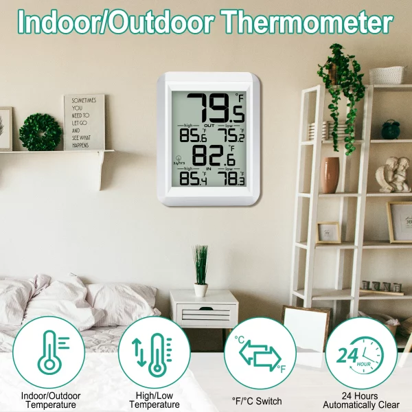 S68447b4b9b09402a941fac47102ea762P.webp Smart Wireless Digital Thermometer- Indoor/Outdoor Temp Monitor with Min/Max Records 100m Range Wall Mountable for Home Office