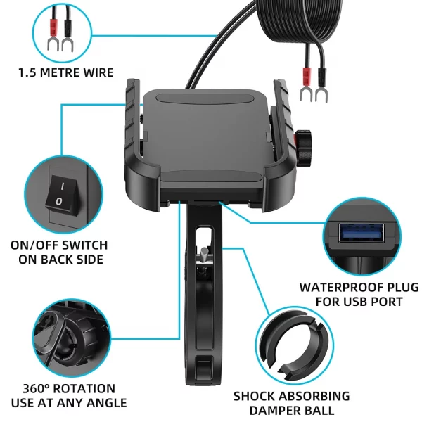 Motorcycle Phone Mount with  Charger USB C 20W Fast Charging Port Waterproof Motorcycle Cell Phone Holder Cradle