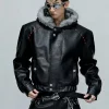 American Style Men's Padded Jackets PU Leather Faux Fur Fleece Thickened Solid Color Loose Male Hooded Warm Coats Tide