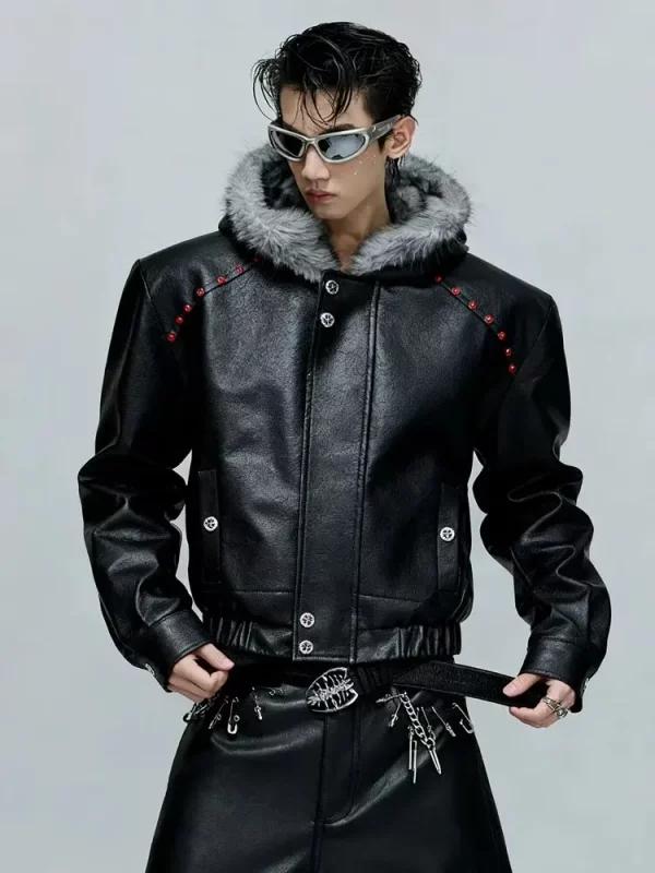 American Style Men's Padded Jackets PU Leather Faux Fur Fleece Thickened Solid Color Loose Male Hooded Warm Coats Tide