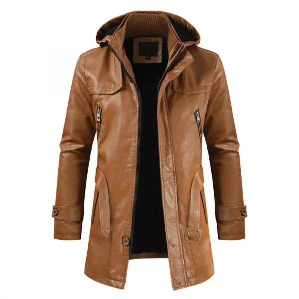 Coat Windproof Clothes Men's Hooded Long Leather coat Men's Leather Motorcycle Leather fashion Winter Korean Fashion Jacket