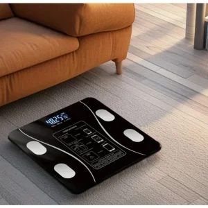 A smart bathroom scale, digital weighing scale, backlit LED display and strong tempered glass.