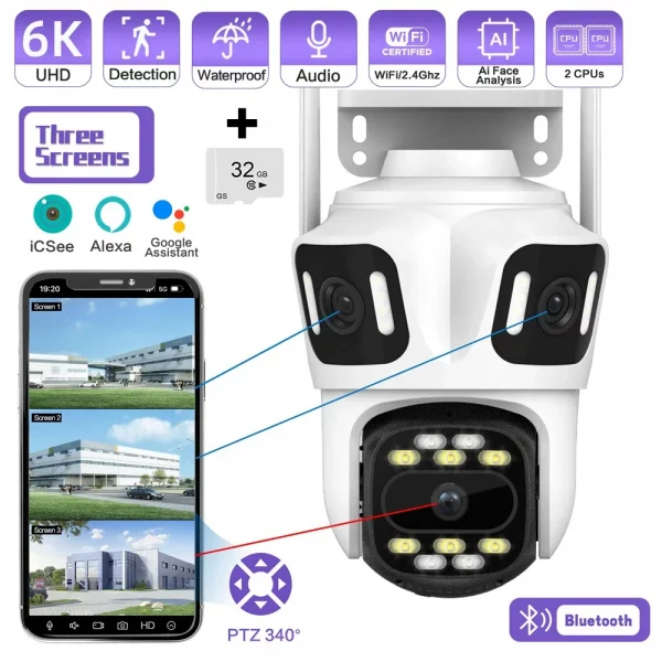 KERUI Outdoor WIFI IP Camera Three Lens Triple Screen 10x Zoom PTZ Auto Tracking Security Protection CCTV Video Surveillance