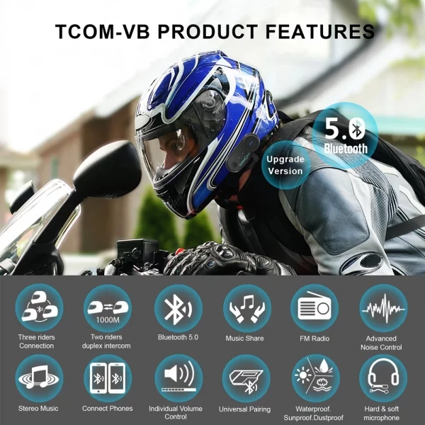 Sb294c0685d144ec0b48e126f0575eb1ez.webp FreedConn TCOM VB Motorcycle Helmet Intercom Bluetooth 5.0 Headset Headphone FM Moto Interphone Helmet Communicator Speaker Gift