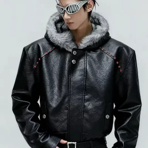American Style Men's Padded Jackets PU Leather Faux Fur Fleece Thickened Solid Color Loose Male Hooded Warm Coats Tide