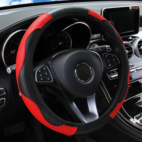 Se6964039dadb4a36a88a3d8759732d21S.webp Car Steering Wheel Cover Breathable Anti Slip PU Leather Steering Covers Suitable 37-38.5cm Auto Decoration Carbon Fiber