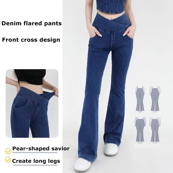 Se73ac4a25e654eda8ac6dd064613a36dM.webp Yoga Jeans for Women Denim Pants Sexy Flared Trousers Lady Pants Hip Lifting and Cross Waist Design Indoor Sports Outdoor Flared