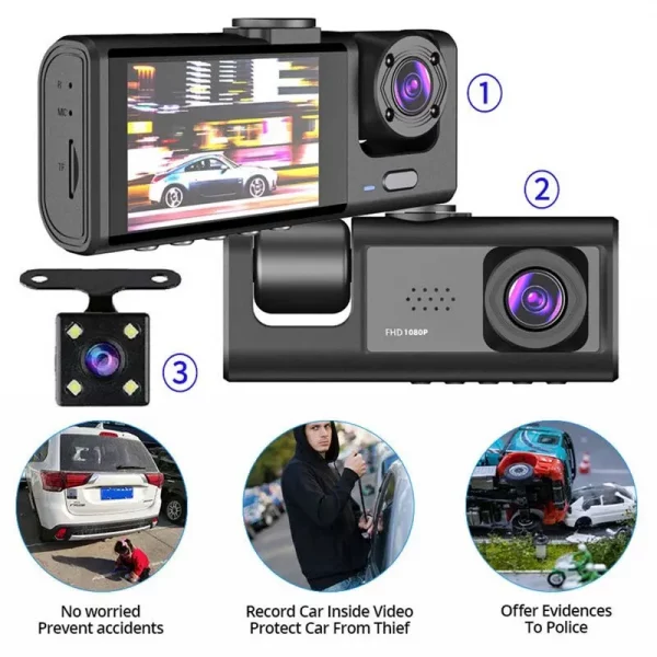 Sfaee7bc4ab8c4bf081c13ff3230dfa81T-3.webp Dash Cam W/ IR Night Vision Loop Recording & 2" IPS Screen 1080P 3 Camera , DVR recorder, video recorder, Vehicle DVR