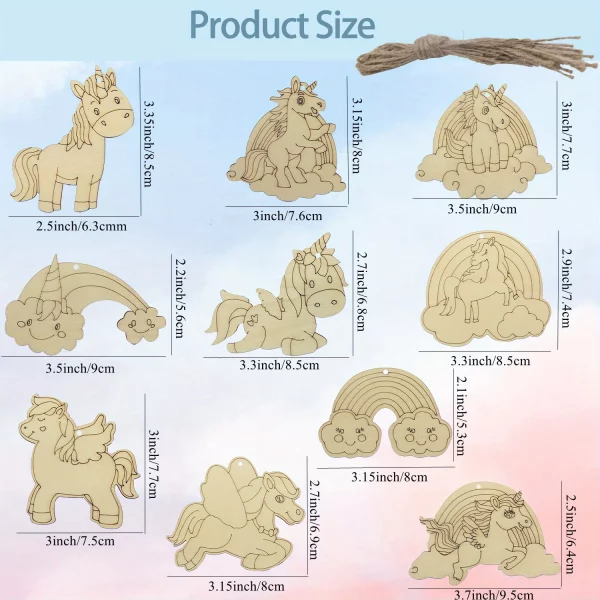 Ornement licorne en bois de dessin animé, 10 pièce