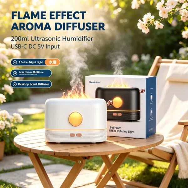 Diffuseur d'arômes à effet flamme 200 ml USB-C 5V,