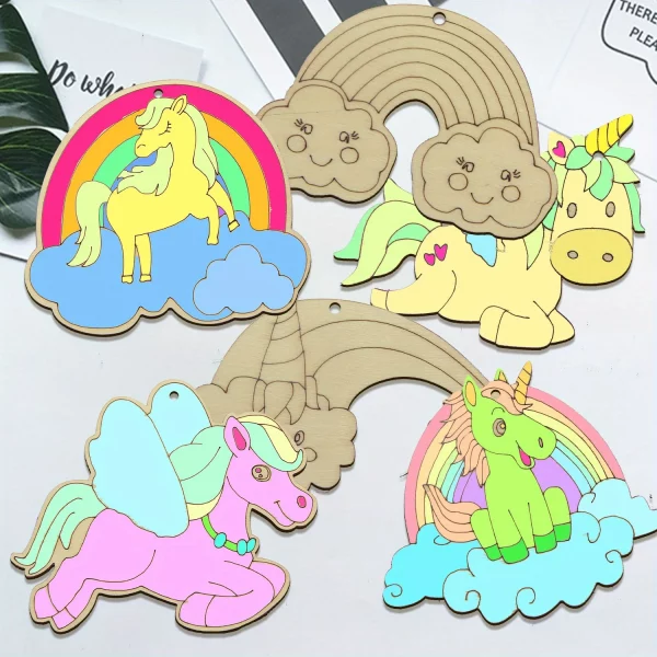 Ornement licorne en bois de dessin animé, 10 pièce