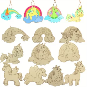 Ornement licorne en bois de dessin animé, 10 pièce