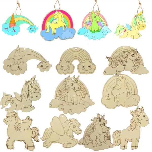 Ornement licorne en bois de dessin animé, 10 pièce