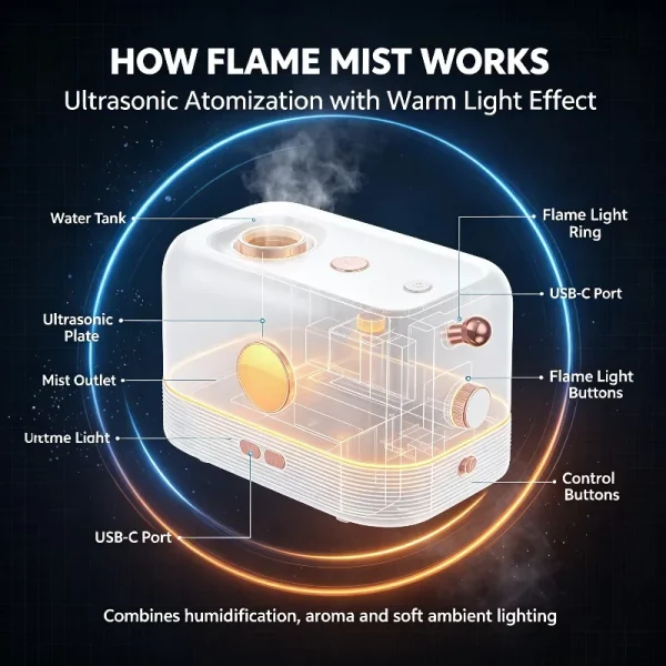 Diffuseur d'arômes à effet flamme 200 ml USB-C 5V,