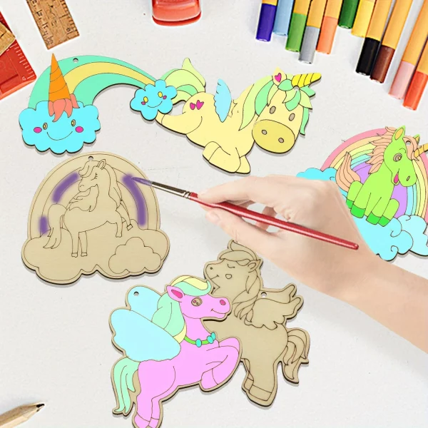 Ornement licorne en bois de dessin animé, 10 pièce