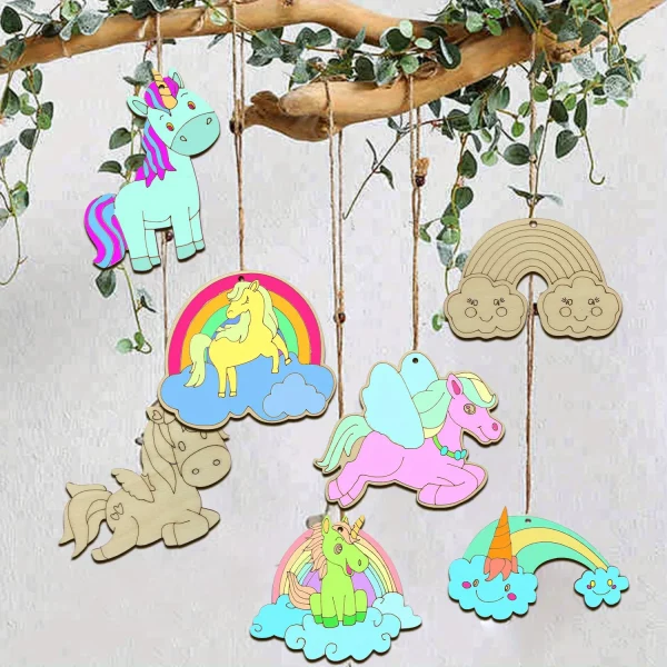 Ornement licorne en bois de dessin animé, 10 pièce