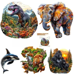 Puzzle en bois en forme d'éléphant, dinosaure et a