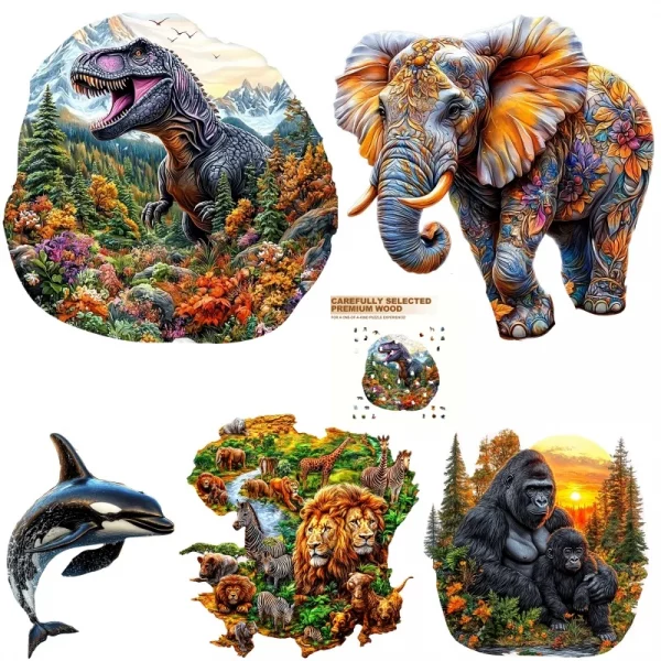 Puzzle en bois en forme d'éléphant, dinosaure et a